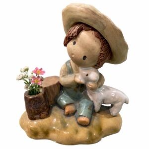 Vintage UCTCI Japan Porcelain Boy & Lamb Figurine w Bud Vase | 1960s
